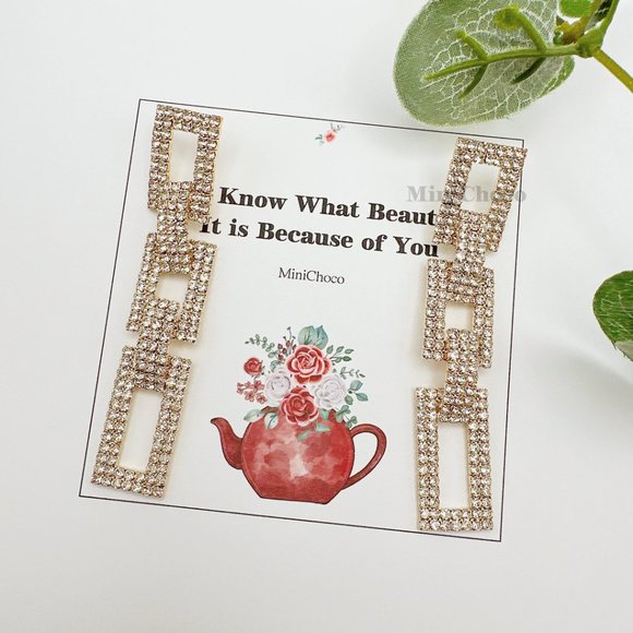 Gold Tone Rhinestone Rectangle Chain Link Earrings - Picture 3 of 10